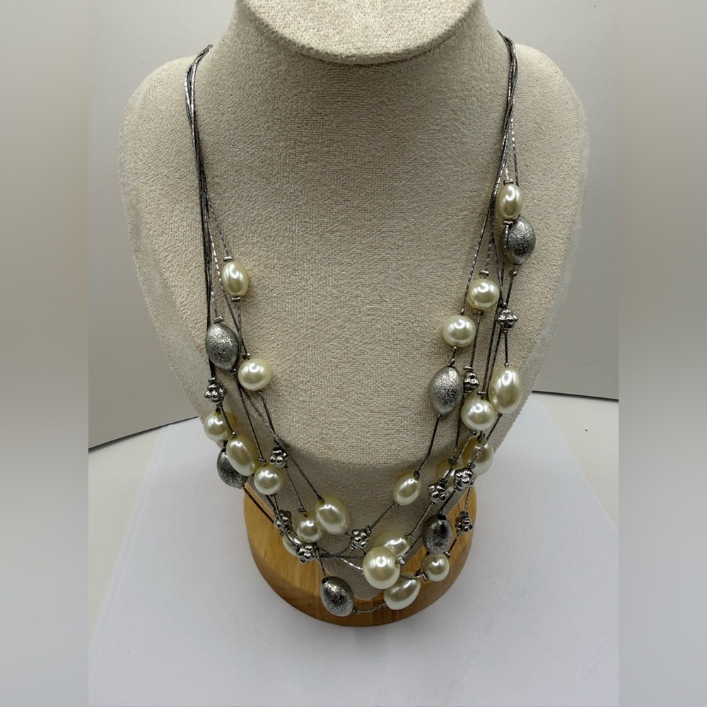 Multi Strand Faux Pearl Silver Tone Necklace Layered Statement 18” + Extender